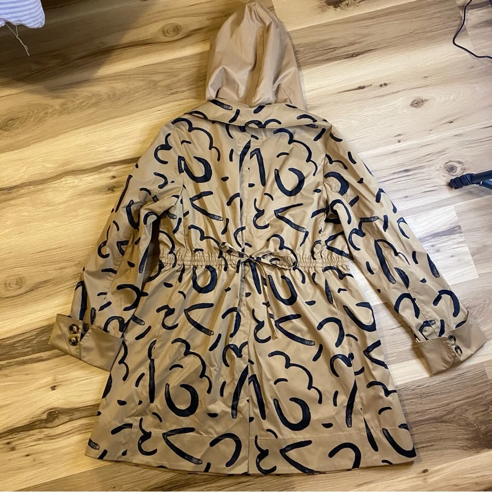 Luii Tan Khaki Abstract Graphic Print Hooded Trench‎ Coat Jacket Women Small